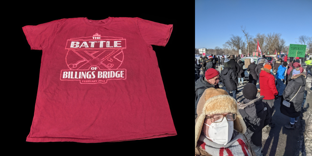 1) “Battle of Billings Bridge” t-shirt given to Robert Talbot by a neighbour, 2022.39 2) Selfie taken by Talbot during his participation in the "Battle of Billings of Bridge,"