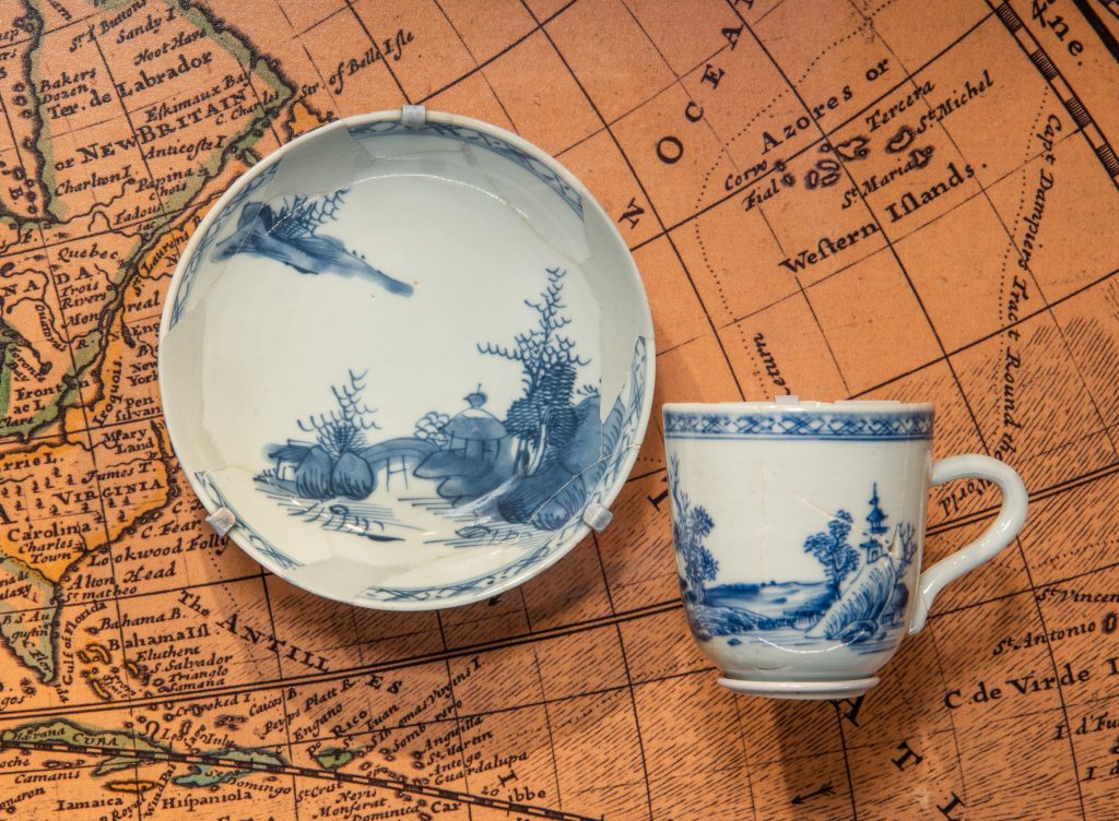 Chinese export porcelain cup and saucer found at the wreck site of the Machault, a French ship that sank in the Restigouche River estuary (Quebec) in 1760. On loan from Parks Canada.