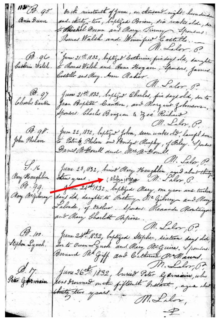 Catholic baptism, marriage and burial registry. The red arrow identifies the first cholera victim buried at the Barrack Hill Cemetery, on June 23, 1832. Between the end of June 1832 and the end of September 1832, 77 percent of those buried by the Catholic priest died of cholera. 