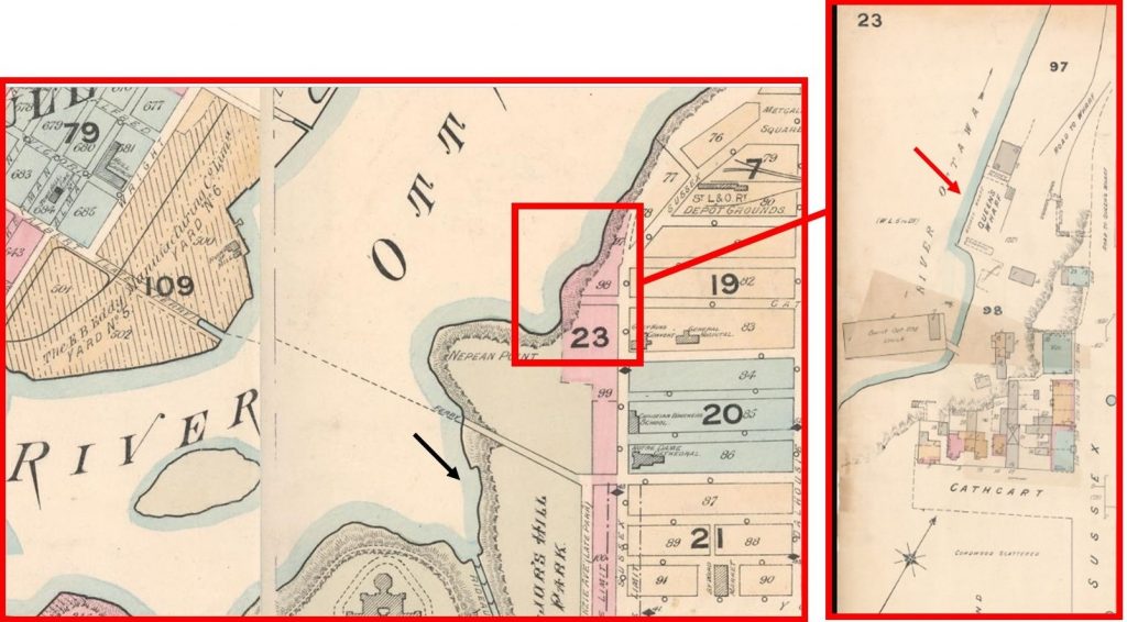 Ottawa insurance plan 1888-1901, with the position of the cholera wharf northeast of Nepean Point