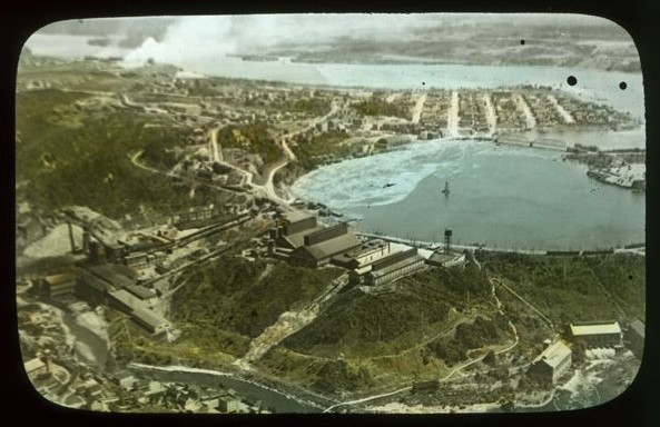 Aerial view of Shawinigan, Quebec — glass slide, around 1930. With forest, a lake and rivers