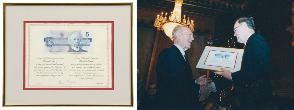 (L) Framed five-dollar bill, with a dedication by Jean Chrétien for Mitchell Sharp(R) Jean Chrétien presenting Mitchell Sharp with a framed five dollar bill