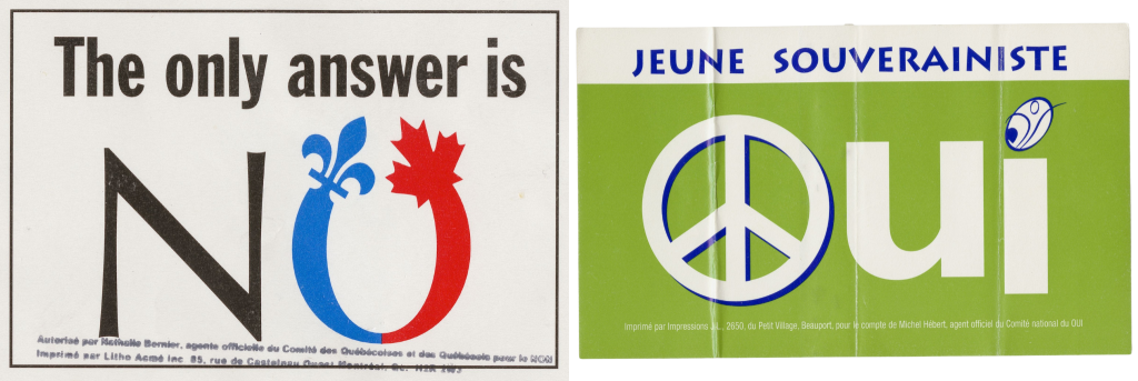 (L) “The answer is no” sticker with a large O(R) “Oui” [Yes] with a green peace symbol