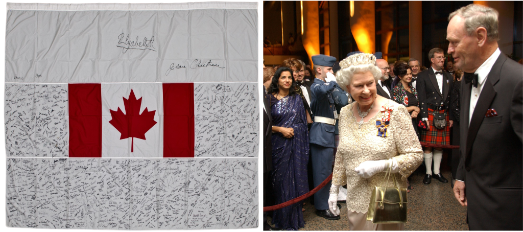 (L) Canadian flag with a large border and hundreds of signatures(R) Queen Elizabeth II to the Canadian Museum of Civilization, alongside Jean Chrétien
