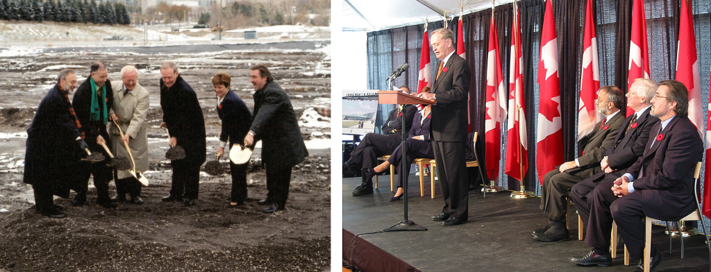 (L) grouping of six people with shovels doing a ceremonial groundbreaking wearing jackets by a river(R) Jean Chrétien speaking at a podium on a stage
