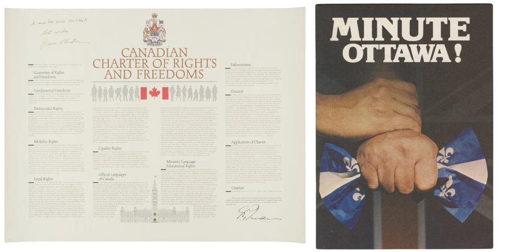(L) Sheet of paper titled Canadian Charter of Rights and Freedoms, with a dedication(R) Brocuhe with the title Minute, Ottawa! [Just a Minute, Ottawa!], put out by the Quebec government