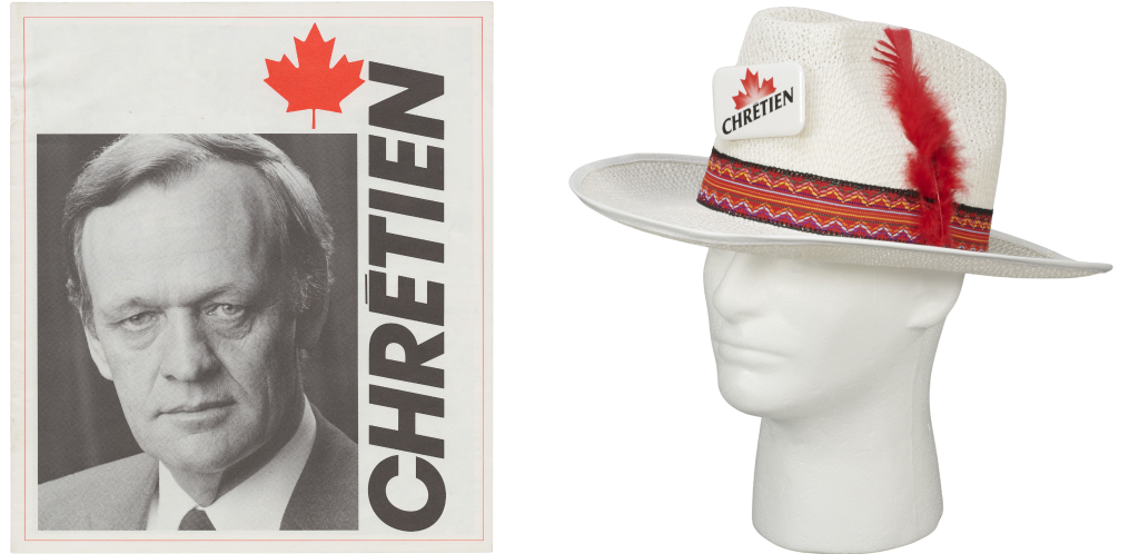 (L) Flyer supporting Jean Chrétien for leadership of the Liberal Party of Canada with a picture of Chrétien in black and white(R) White cowboy hat with a red ribbon worn by supporters of Jean Chrétien at the Liberal Party of Canada conference.