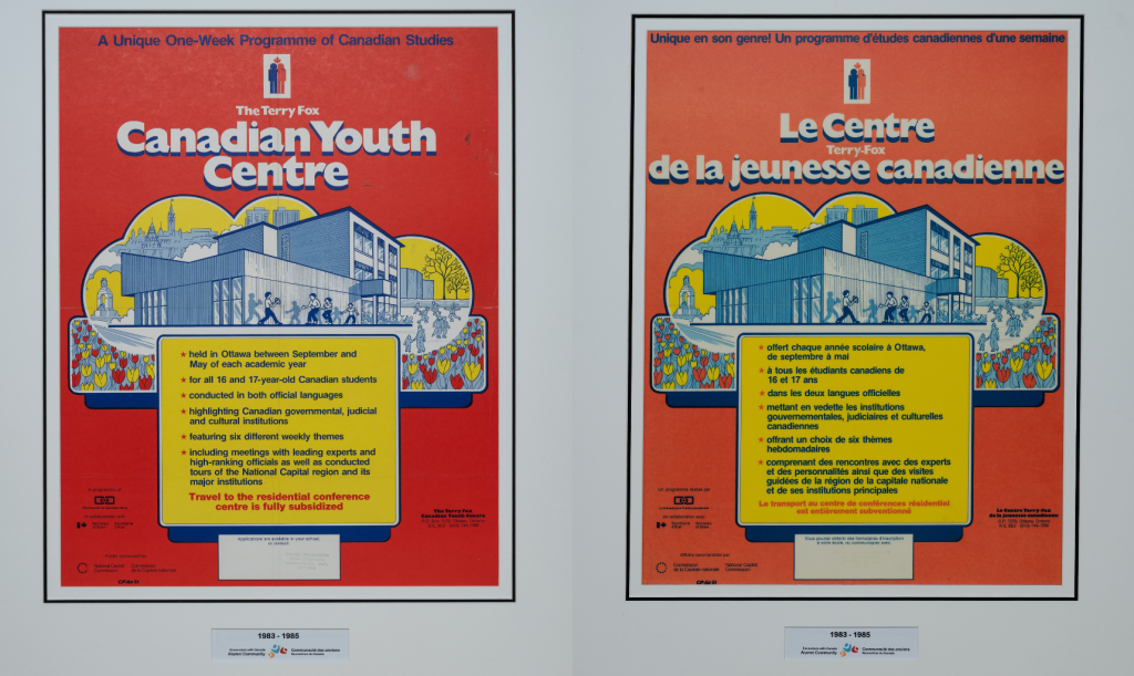 Bright red and yellow posters — one in English and one in French — reading “A Unique One-Week Programme of Canadian Studies” and “Terry Fox Canadian Youth Centre.”