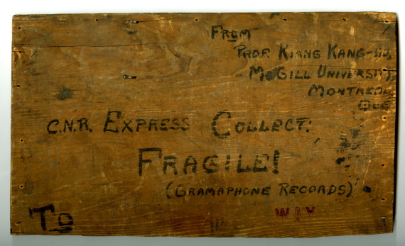 Lid of the wooden box in which the gramophone records were shipped from Kiang Kang-Hu to Marius Barbeau