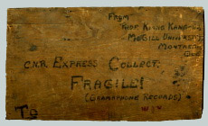 Lid of the wooden box in which the gramophone records were shipped from Kiang Kang-Hu to Marius Barbeau