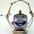 Blue and White Teapot with Oriental Landscapes
 in Silvered Mounts