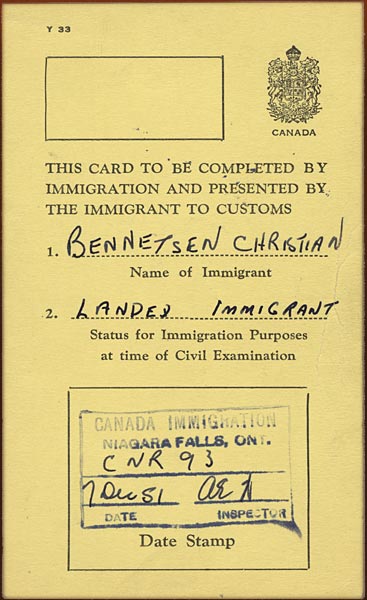 Chris Bennedsen’s Landed Immigrant Card, issued upon his arrival in Niagara Falls, Ontario, December 1951