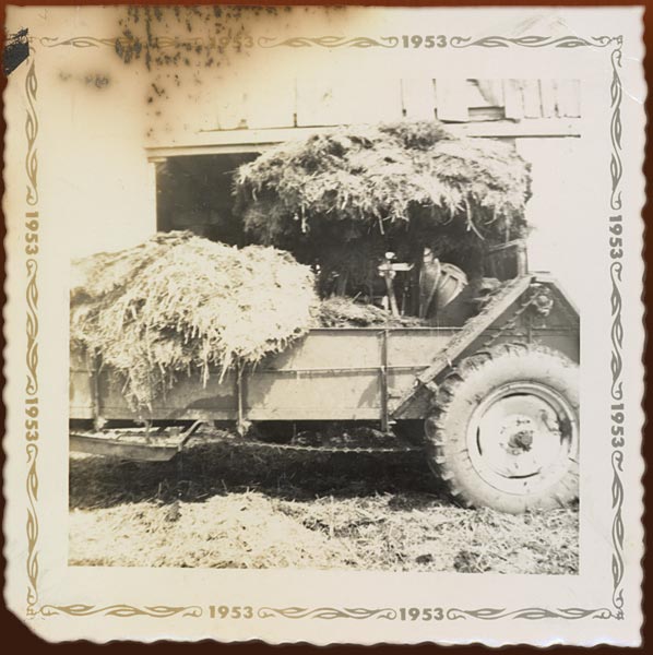 A manure spreader at Machlin’s farm, Chris’s second job, in Cobourg, Ontario, 1953