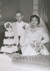 Chris and Connie Bennedsen cut the cake at their wedding, September 7, 1959