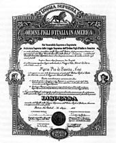 Charter granted for the creation of the Maria Pia di Savoia Lodge of Niagara Falls, Ontario, 1935