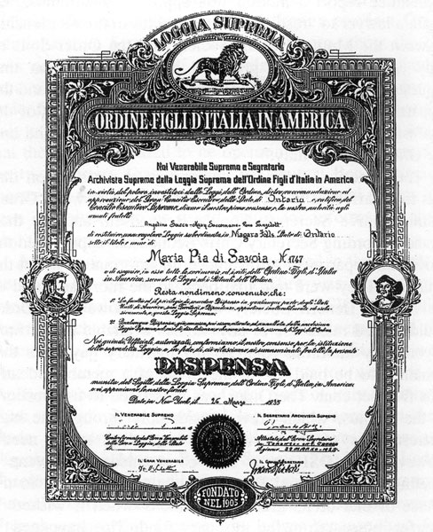 Charter granted for the creation of the Maria Pia di Savoia Lodge of Niagara 