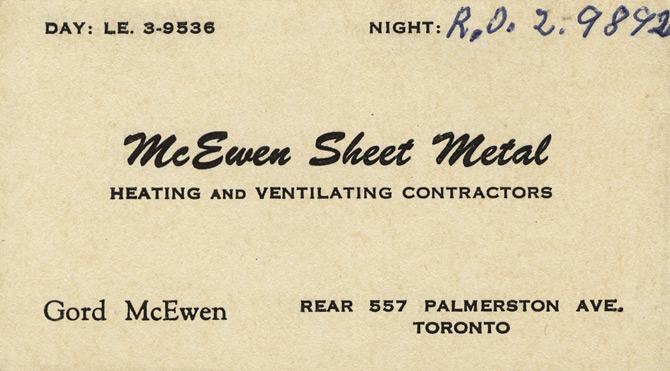 Business card for McEwen Sheet Metal, Chris’s second employer in Toronto.  