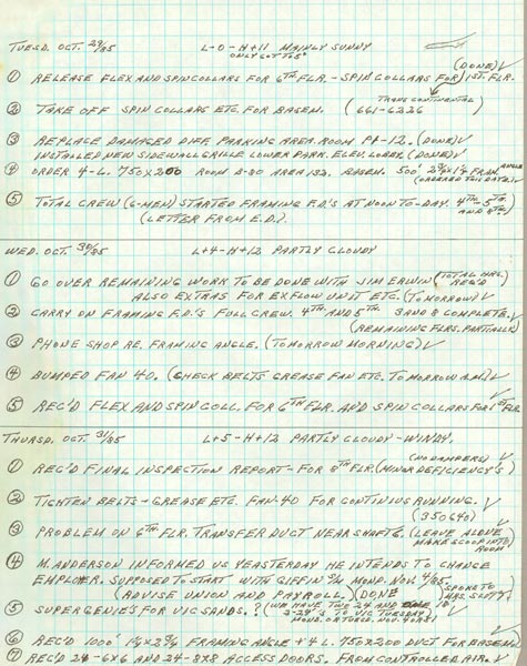 Page from Chris’s work diary, October 1985. Chris kept intricate notes for every job he worked on 