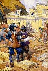 Champlain superintending the building of his habitation, 1608