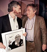Mordecai Richler with Aislin and cartoon of Jacques Parizeau, 1996