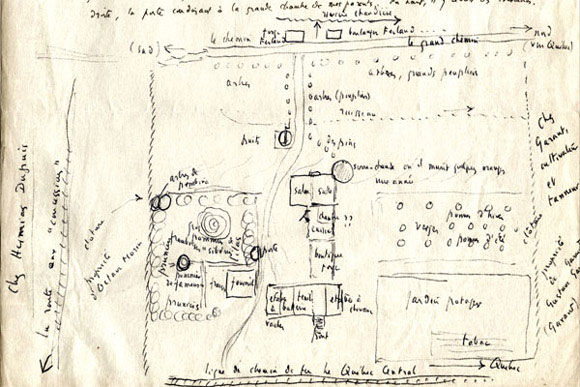 Plan de la propriété et de la première maison de la famille Barbeau à Sainte-Marie de Beauce; Croquis réalisé de mémoire par Marius Barbeau en 1958., © MCC/CMC