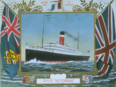 R.M.S. Victorian (1904-1929) vers 1911; Carte postale montrant le navire sur lequel Marius Barbeau embarqua pour l'Europe en 1907., © Musée canadien de la poste
