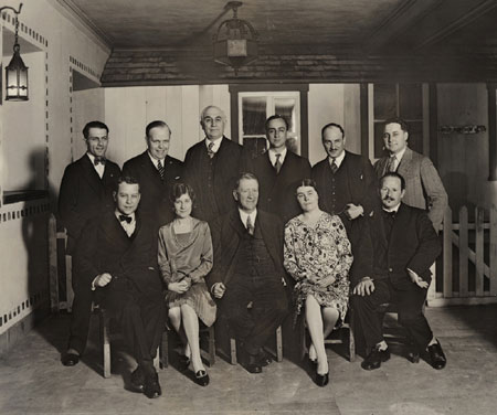 The production crew and players for the ballad opera « Jeu de Robin et Marion », presented in May 1928, during the Canadian Folk Song and Handicrafts Festival at the Château Frontenac in Québec City, Québec., © CMC/MCC, Marius Barbeau, B563-4.8