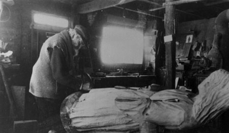 Wood carver Louis Jobin working in his workshop in Sainte-Anne de Beaupr, Qubec, 1926., © CMC/MCC, Marius Barbeau