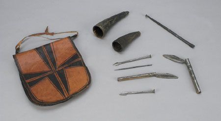 Bag, needle, scalpel (x2), hook, <br>straight razor (x2), horn (x2), © CMC/MCC, 84-302.1-9