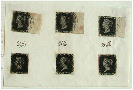 Plate 7 Penny Blacks, different weighted prints 