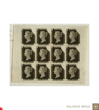 Twelve-stamp trial impression, black, wax corners