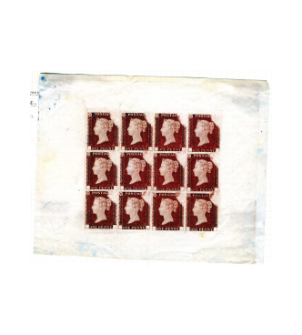 Twelve-stamp trial impression, deep reddish-brown