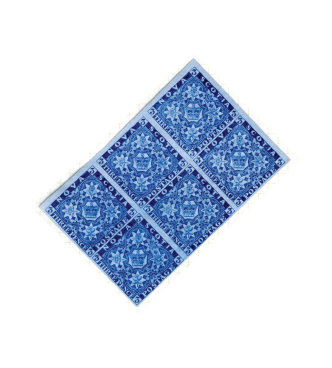 Three Pence, block of six, on blue wove paper