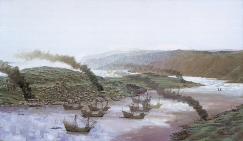 Basque galleons ride at anchor in Red Bay, Labrador