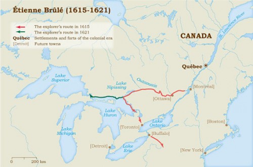 Itineraries of Étienne Brûlé, first Frenchman to journey into the “Pays d’en Haut” or Upper Country