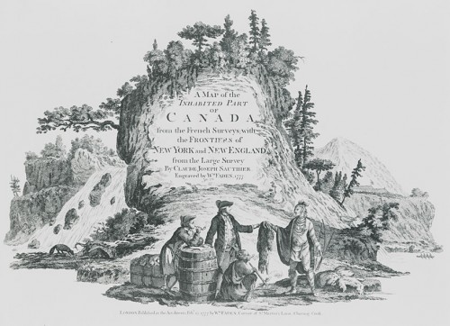 Merchant trading with an Indian, detail from frontispiece: A map of the Inhabited Part of Canada…, William Fadden, 1777