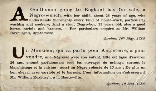 Announcement of sale of slaves appeared in the Quebec Gazette May 12 1785