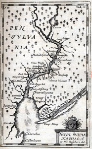 Novae Svecia scu Pensylvania in America, map from: Kort abeskrifning om beskrifning om provincien Nya Swerige uit America…(A short description of the province of New Sweden), 1702, by Thomas Campanius Holm