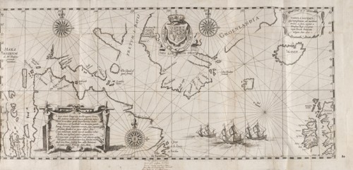 Tabula nautica, qua repraesentantur orae maritimae, meatus, ac freta, noviter a H. Hudsono Anglo ad Caurum supra Novam Franciam, 1612, part of: Descriptio ac delineatio geographica… of Hessel Guerritsz