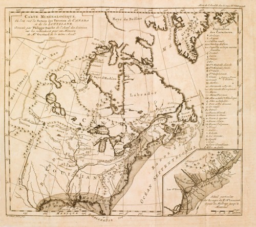 Mineralogical Map where is shown the nature of the Canada and Louisiana Grounds, 1752, by Philippe de Buache et J.-É. Guettard