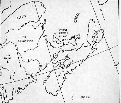 Map showing sites of first campsites in Atlantic Canada.