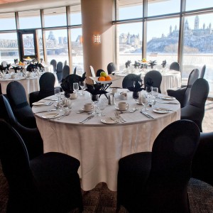 Tables and chairs in the River View Salon