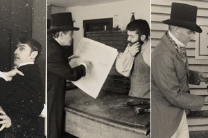 Four photos showcasing men wearing hats and top hats in various formations.