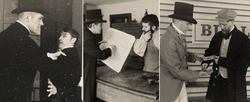 Four photos showcasing men wearing hats and top hats in various formations.