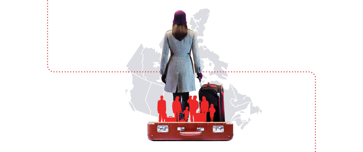 An image of a woman standing on top of a suitcase with a map of Canada in the background.