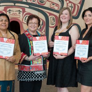 Dorothy Stewart (Cree), Teresa Marshall (Mi’Kmaq), Lindsey Moorhouse (Inuk) and Leslie LeBourdais (Secwépemc)