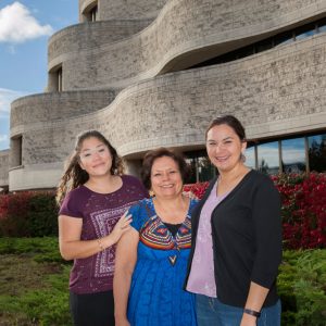Three women in front of the museum
