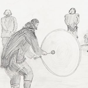 A drawing of a group of people playing a game at the Canadian Museum of History in Ottawa.