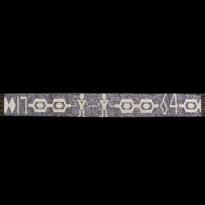 Belt made of purple and white shell beads, featuring two figures standing side by side in the centre.