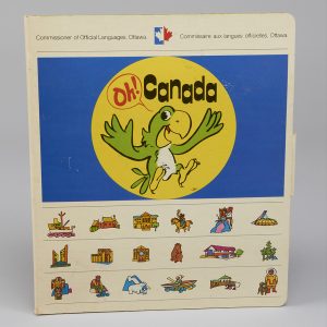Brightly-coloured board game box featuring a green parrot and 18 Canadian symbols